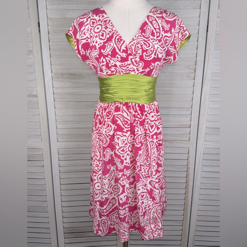 DONNA MORGAN Silk Midi Dress Pink/White Paisley Print with Green Accents-2